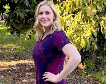 Short Sleeve Tie Dye Top, Tie Dye, Merlot Ladies Top, Boho Top, V Neck Top, Womens Tunic Top, Pure Intent Tie Dye Top,  M, L, XL, 2X, 3X