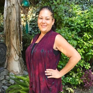 Plus Size Womens Pocket Vest, Pocket Vest Plus Size, Tie Dye Vest Pockets, Women Plus Sweater Vest,Dyed Merlot Red w/Black, S/M L/XL plus