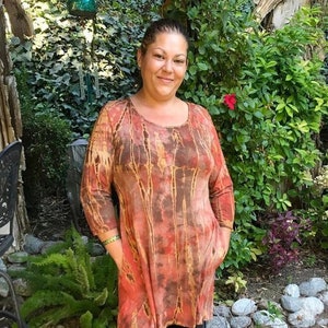 Plus Tunic Dress Pockets, Womens Plus Tops, Plus Hippie Clothes, Boho Tie Dye, Scoop Neck, Dyed in Olive Coral Brown, 2X 3X, 3/4 Sleeve