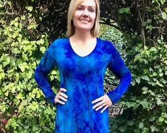 Women's Tunic, Tunics, Tie Dye, Tunic Top, Womans Tunic,  Long Sleeve, Split bottom, Shades of Blue and Purple, S M L XL 2X 3X , V Neck