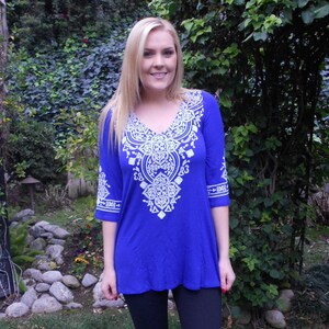 Tunics, Tunic Top, Women's Clothing, Western, Ethnic, Ladies Clothing, Royal Blue with White, S, 2X, 3X Only V Neck, 3/4 Bell Sleeve
