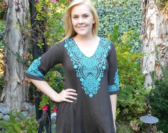 Plus Size Tunic, Plus Sizes Clothing, Tunic Top, Tunics, Plus Size Top, Brown with Turquoise, S L XL 2X 3X, 3/4 Bell Sleeve, V Neck