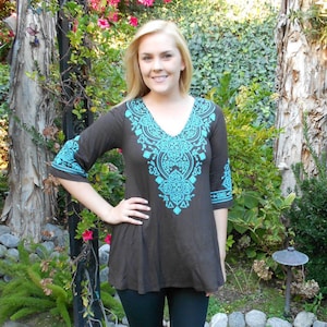 Plus Size Tunic, Plus Sizes Clothing, Tunic Top, Tunics, Plus Size Top, Brown with Turquoise, S 2X 3X, 3/4 Bell Sleeve, V Neck