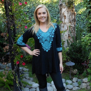 Tunic Top, Tunics, Ladies Tunics, Tunic Tops,  Women's Top, Ethnic Clothing, Boho Tunic, Black with Turquoise, S M L XL 2X 3X Bell Sleeve