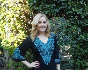 Dresses, Tunic Dress, Women's Dresses, Ladies Tunics, Ethnic Dress, Black with Turquoise, XS S , 3/4  Sleeve Dress, V Neck