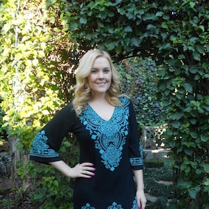 Dresses, Tunic Dress, Women's Dresses, Ladies Tunics, Ethnic Dress, Black with Turquoise, XS S , 3/4  Sleeve Dress, V Neck