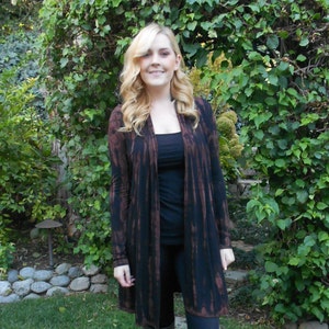 Long Cardigan, Maxi Cardigan, Duster, Tie Dye Black con sfumature di Brown, S/M L/XL Plus