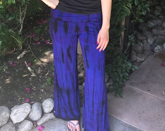 Pantalones Tie Dye, Pantalones Boho, Leggings para mujer, Pantalones Originales. Pierna ancha, Pantalón Palazzo, Pantalón Yoga, Azul Rey, Morado con Negro Solo XS S