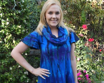 Tie Dye Top, Women's top, Tie Dye Clothing, Tunics, Tie Dye,Cotton, Shades of Blue, Turquoise, Purple & Black , S M Loose Sleeve