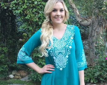 Tunic Top, Tunics, Tunic, Womens Tunic, Ethnic Top, Western Top, Green with White, S M L, V Neck, Bell Sleeve