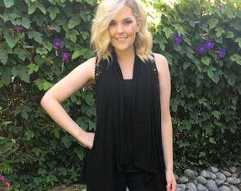 Black Crochet back Women's Vest, Black Vest, Woman Black Vest, Vest Black, Womens Clothing, Solid Black w/Lace Back, S/M Only