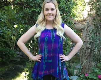 Summer Top, Cotton Tank, Tank Tops, Plus Size Tank, Tie Dye Top, Shades of Purple, Blue with Black, Cotton Tank Top S M