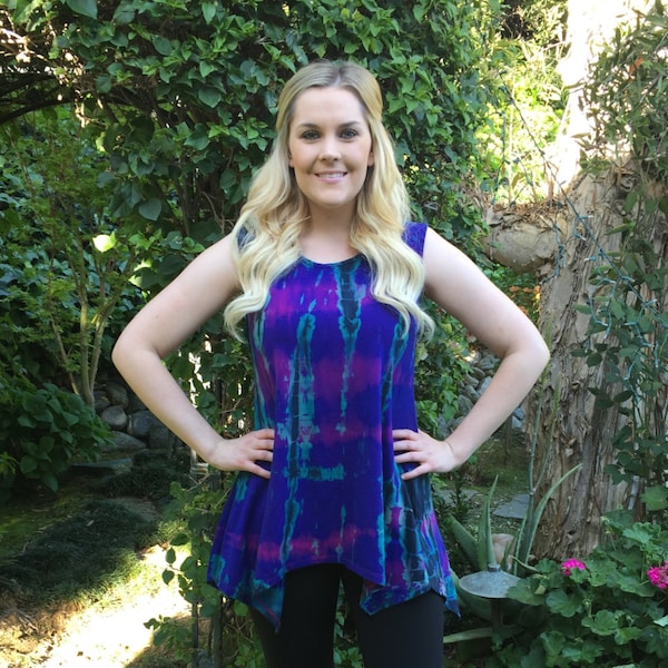 Summer Top, Cotton Tank, Tank Tops, Tie Dye Top, Shades of Purple, Blue with Black, Cotton Tank Top S M
