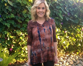 Plus Size Tunics, Tunic top, Tie dye top, Cotton Tunic Top, Plus Size Cotton, Dyed in Browns and Rusts w/Black, V Neck Tunic, S M L XL 2X 3X