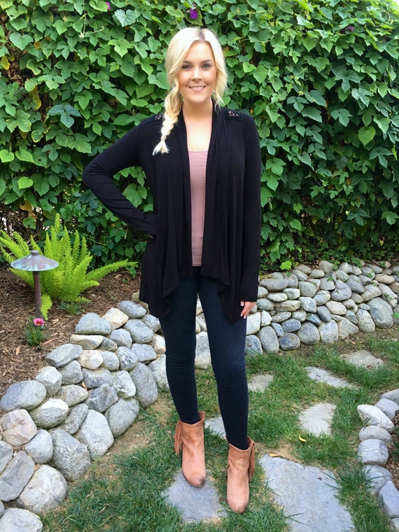tiedyebypureintent Womens Black Cardigan, Cotton Crochet Back Cardigan, Woman Sweater, Womens Clothing Jacket, Womens Fashion, Solid Black, S/M L/XL Plus