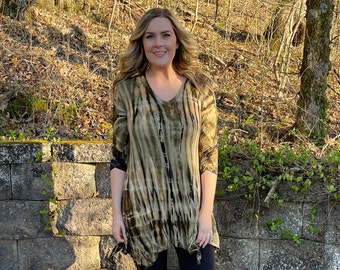 Plus Size Top, Tie Dye Tunic, Tunic Top, Plus Size, Tie Dye, Olive Beige Black, Olive Colors Tunic, S M L XL 2X 3X, V Neck