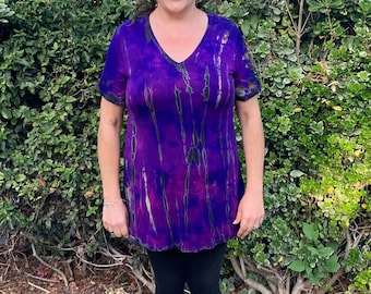 Plus Size Tie Dye Tunic Top, Summer Tunic Top, Tie Dye Clothing Plus Size, Womens Tunics, Multi Purple Top, S Only Loose Sleeve, V Neck