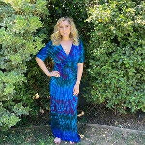 Maxi Dress, Tie Dye Maxi, Kimono Maxi Dress, Tie Dye Dress, Summer Maxi Dresses, Hippie Dresses, Dyes in Multi Blue Swirl, S M L XL  2X 3X