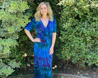 Maxi Dress, Tie Dye Maxi, Kimono Maxi Dress, Tie Dye Dress, Summer Maxi Dresses, Hippie Dresses, Dyes in Multi Blue Swirl, S M XL  2X 3X