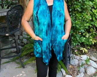 Plus Size Womens Pocket Vest, Pocket Vest Plus Size, Tie Dye Vest Pockets, Plus Women Sweater Vest, Turquoise Teal Black, Plus only