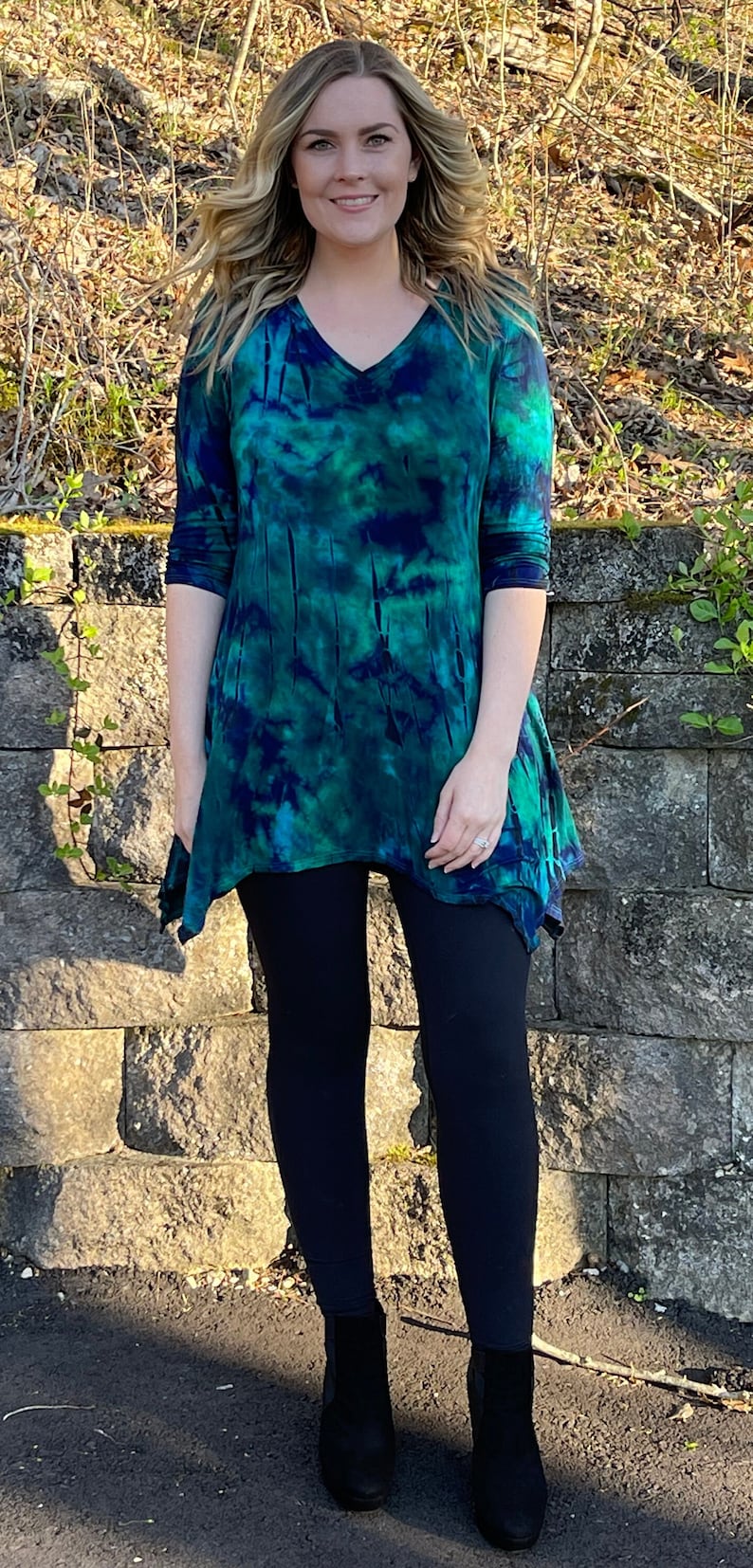 Tunic Top, Tie Dye Tunic, Tunic Top, Womens Top, Tie Dye, Multi Blues, Green, Purple, Black, Peacock Colors Tunic, M L XL 2X, V Neck image 2