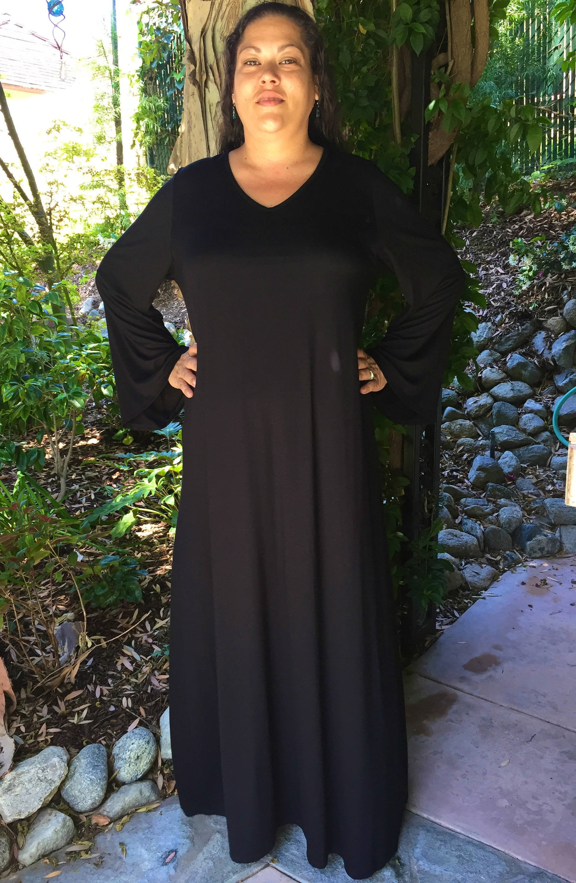 black maxi dress bell sleeves