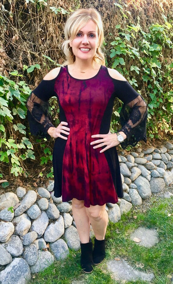 Plus Size Dress, Tie Dye Dress, Plus Size Clothing, Black Lace Sleeve, Plus Size Fashion, Red with Black, S M XL 2X 3X Plus Size Dress, Tie Dye Dress, Plus Size Clothing, Black Lace Sleeve, Plus Size Fashion, Red with Black, S M XL 2X 3X