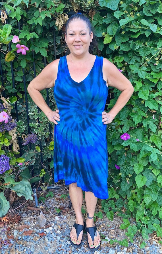 Women's Tank dresses, V Neck Tank Dress, Tie Dye,  Dress, Tie Dye Summer Dress, Tie Dye Dress, Dresses, Blue Green Spiral, S M L XL 2X 3X