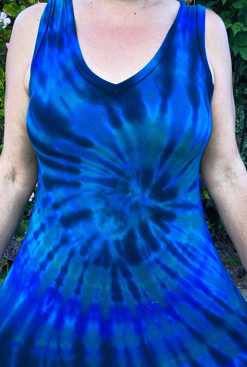 Tankjurk dames, tankjurk met V-hals, tie-dye, jurk, zomerjurk tie-dye, tie-dye-jurk, jurk, tie-dye-jurk, jurk, blauwgroene spiraal, SML XL 2X 3X afbeelding 5