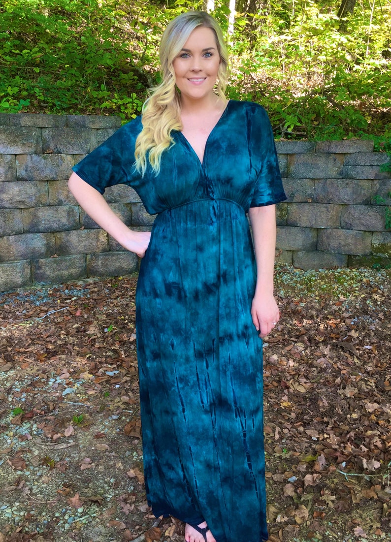 Plus Size Maxi, Tie Dye Dress, Maxi Dress, Plus Size Dress, Womens Clothing Plus Size, Kimono Dress, Shades of Teal & Black, XL 2X 3X image 3