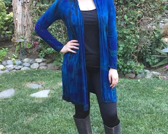 Lang vest, lang damesvest, maxi-vest, vest met mouwen, damesvest, stofdoek, blauwtinten met zwart, alleen S/M