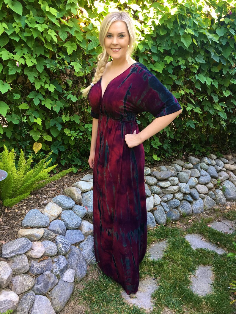Tie Dye Dress Merlot /& Black Plus Size Maxi Womens Clothing Plus Size Maxi Dress Kimono Dress XL 2X 3x Plus Size Dress