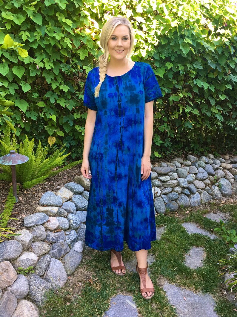 Cotton Shirt Dress, Tea Length dress, Tie Dye Dress, Cotton T Shirt Dress, Hippie Dress, Blues, Purple & Black, L, XL or Plus Cotton Shirt Dress, Tea Length dress, Tie Dye Dress, Cotton T Shirt Dress, Hippie Dress, Blues, Purple & Black, L, XL or Plus
