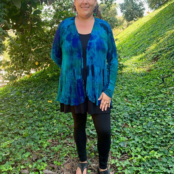 Plus Size Cardigan, Tie Dye, Panel Cardigan, Plus Size Clothing, Plus Size Summer Fashion, Blues, Purple Green & Black, S/M L/XL Plus