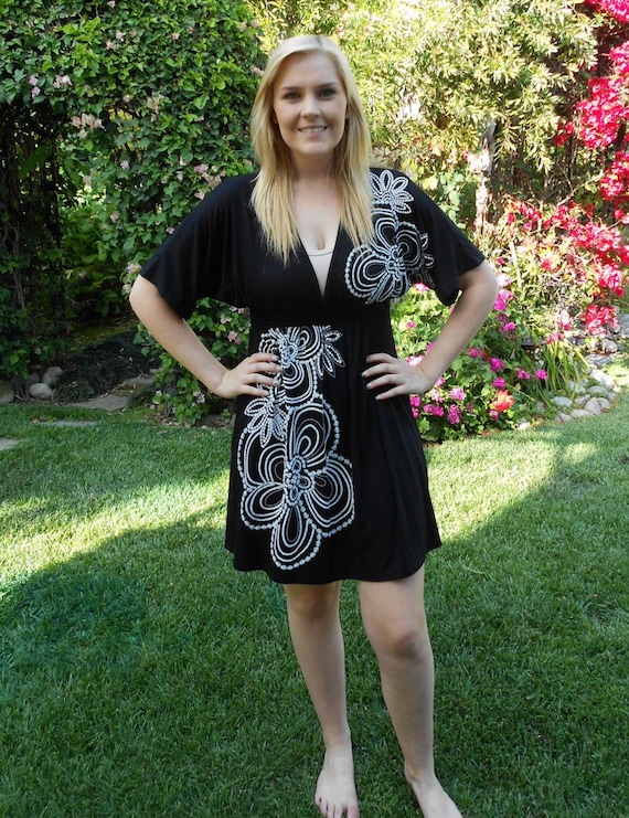 Womens Black Dress, White Stitch Flower, Black Tunic Dress Short Sleeve, Elastic Waist S Special Price
