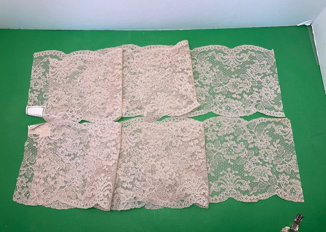 6 Pieces Vintage Ecru Embroidered Lace, France Antique Net Embroidered