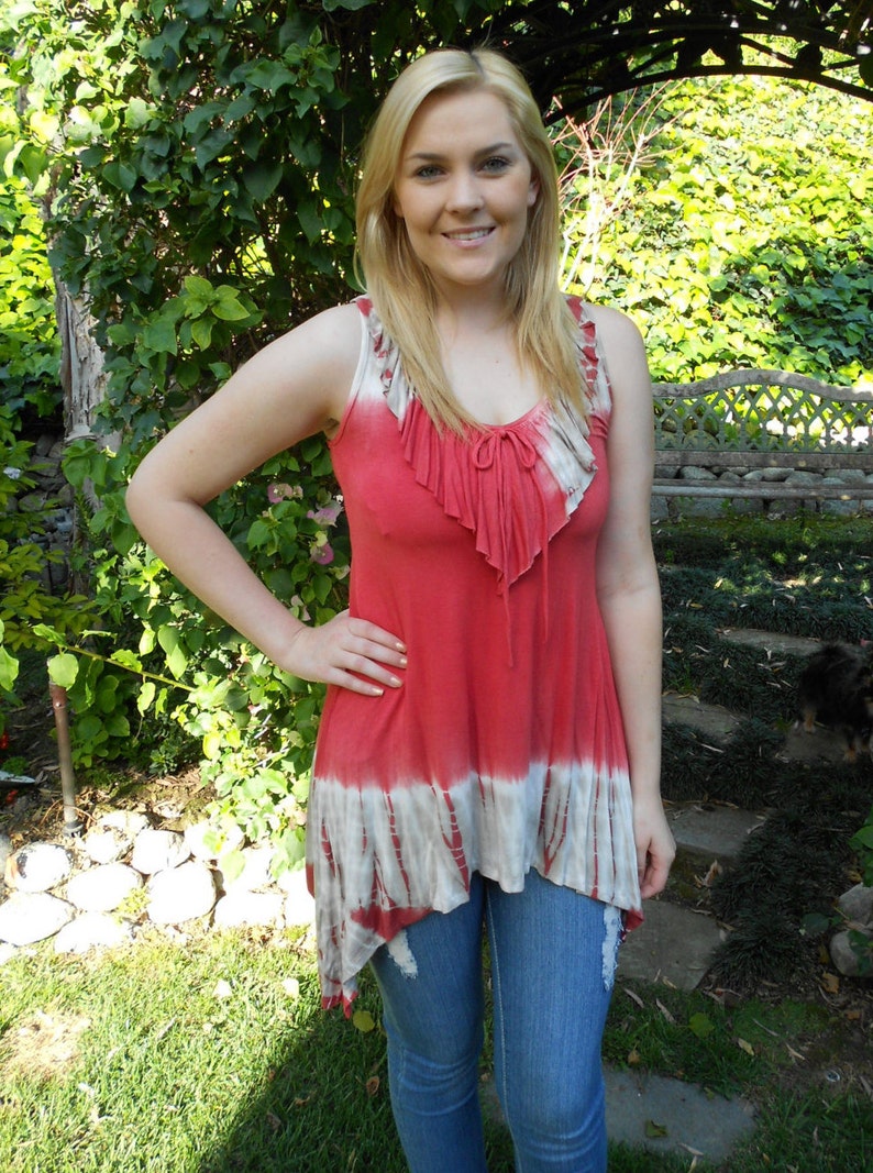XS S M L Tie Dye Top Womens Clothing Coral with Beige /& White Clearance Ruffle Top Tank top Sale Tanks Womens top Lace Top