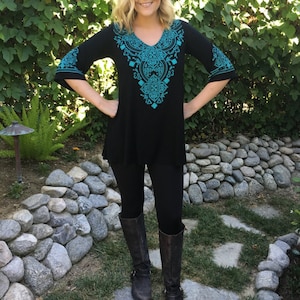 Plus Size, Tunic Plus, Black Tunic Top, Plus Tunics, Tunics, Tunic Top, Turquoise Embroidery, S M L XL 2X 3X, Bell Sleeve image 1