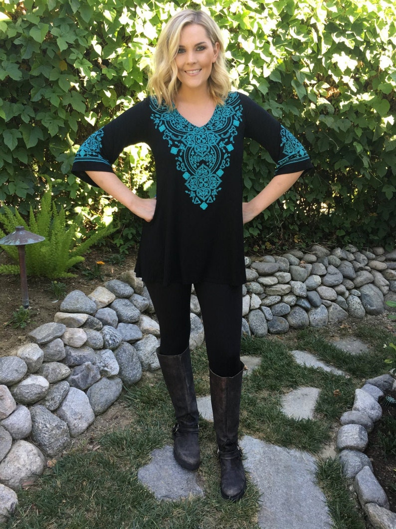 Plus Size, Tunic Plus, Black Tunic Top, Plus Tunics, Tunics, Tunic Top, Turquoise Embroidery, S M L XL 2X 3X, Bell Sleeve image 1