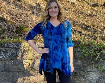 Plus Size Top, Tie Dye Tunic, Tunic Top, Plus Size, Tie Dye, Multi Blues, Purple, Black, Tie Dye Tunic in Blues, XL 2X 3X, V Neck