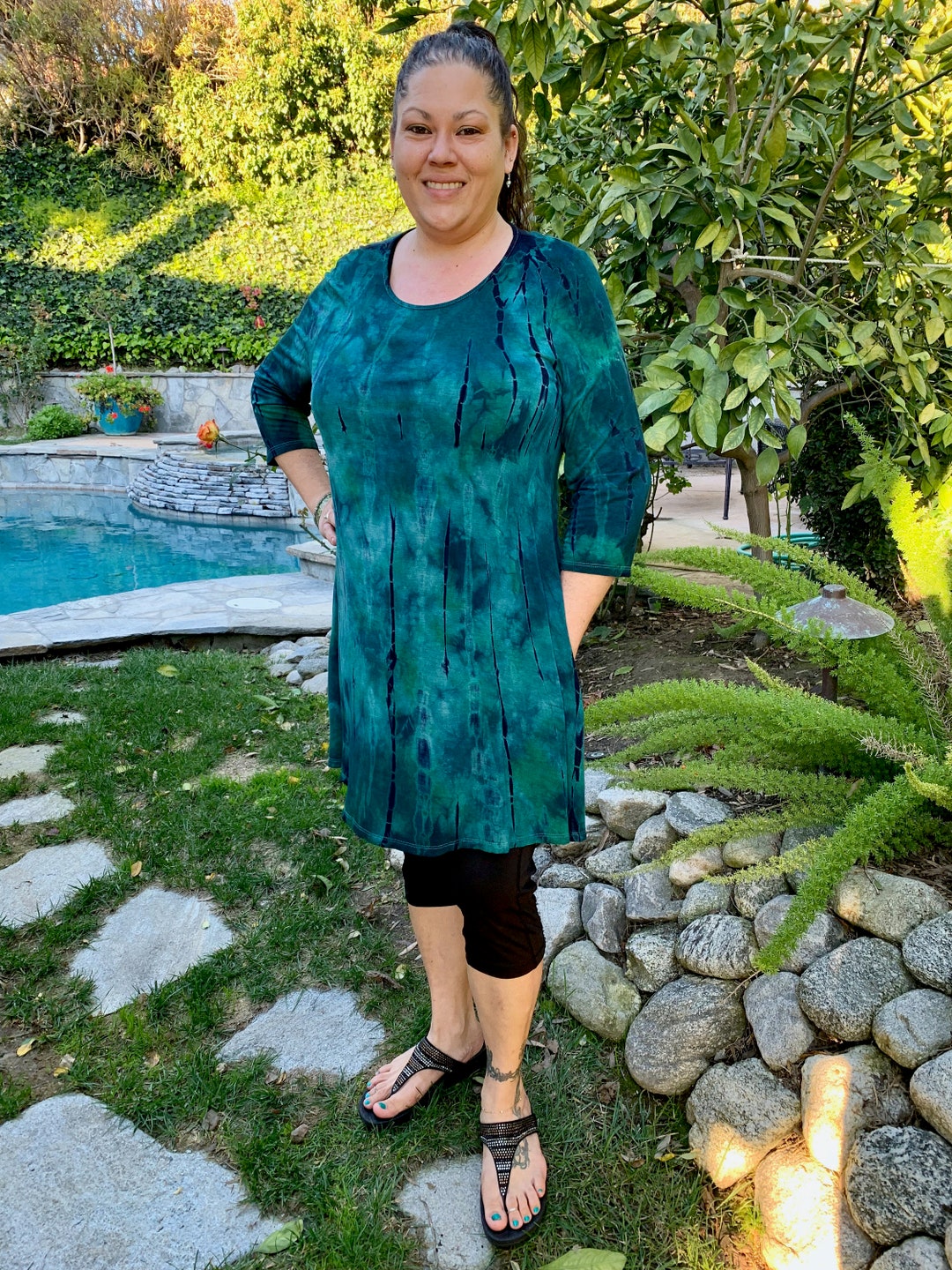 Plus Tunic Dress With Pockets, Womens Plus Tops, Plus Hippie Clothes, Teal Green With Black, 2X