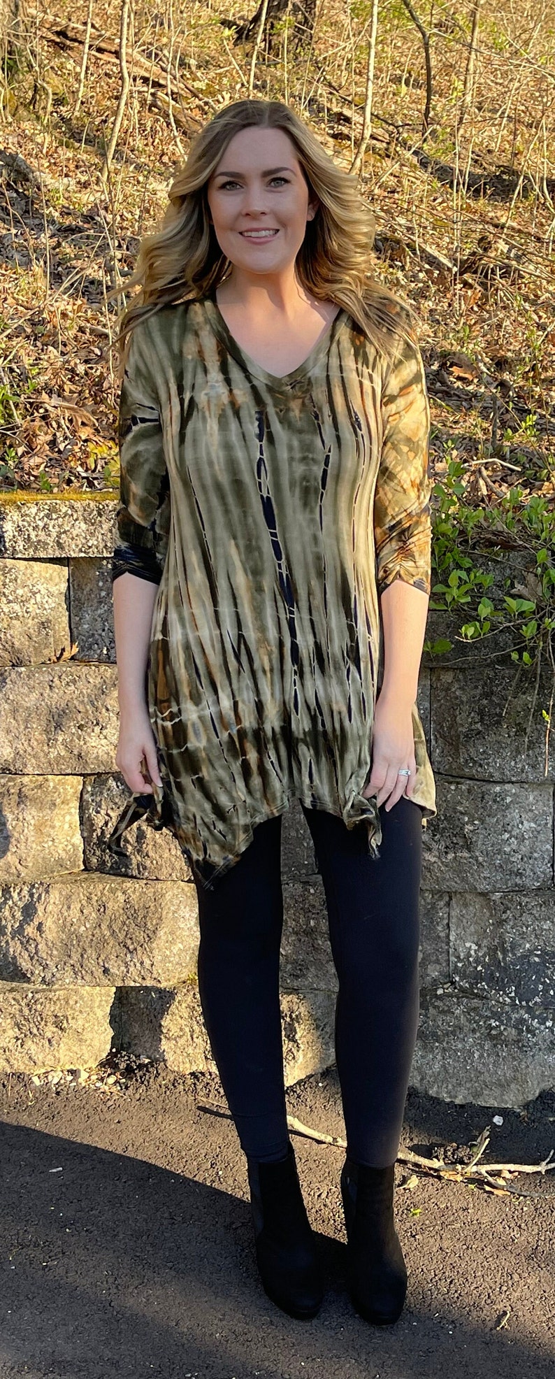 Tunic Top, Tie Dye Tunic, Tunic Top, Womens Top, Tie Dye, Olive Beige Tone with Black, Olive Fall Colors Tunic, S M L XL 2X 3X, V Neck image 2