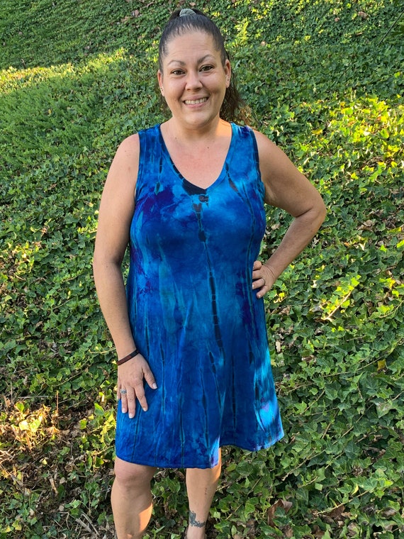Plus Size Dress, Women's Plus Size Tank dresses, V Neck Tank Dress, Plus Size Tie Dye, Summer Dress, Tie Dye Dress, Blues W/Purple & Black