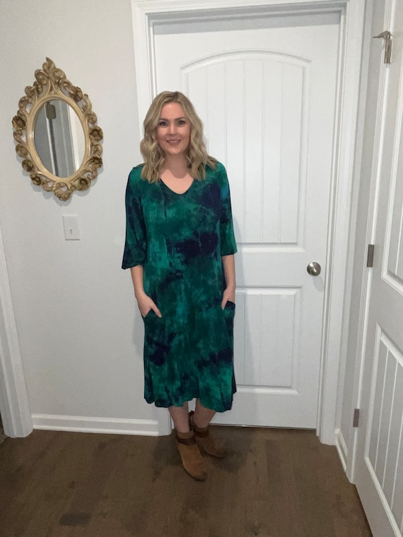 Plus Size Tea Length Dress, Below the Knee Dress, Tie Dye Loose Sleeve Boho  Dress, Dress Pockets, Peacock Colors, Black, S M L XL 2X 3X 4X - Etsy