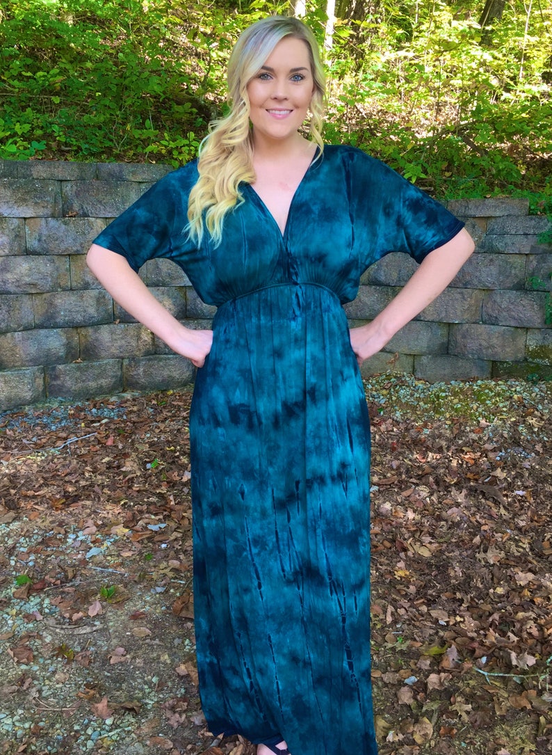 Plus Size Maxi, Tie Dye Dress, Maxi Dress, Plus Size Dress, Womens Clothing Plus Size, Kimono Dress, Shades of Teal & Black, XL 2X 3X image 2