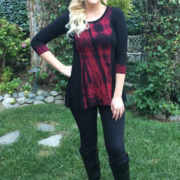 Tunic Top, Black Patch Top, Tie Dye, Tunics, Womens Red  Top, Fashion Tunics, Pure Intent, Black / Red , XS S,  Round Neck