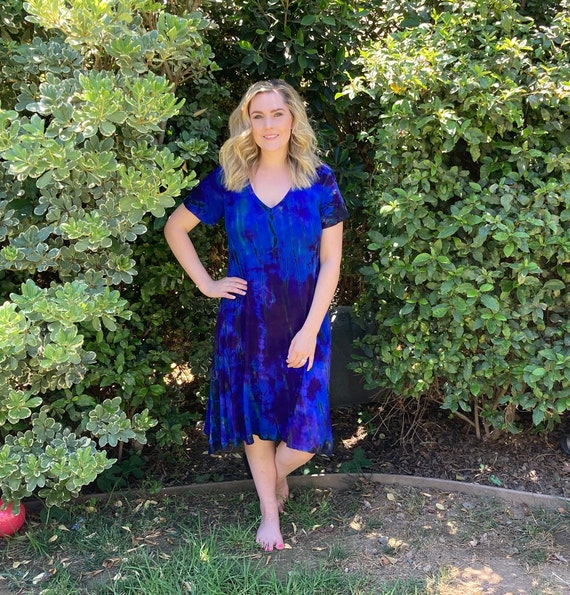 Tie Dye Dress, Tea Length Dress, Dresses, Womens Dresses, Tie Dye Blue Purples Black, V Neck, Short Sleeve Dress,Summer Dress S XL 2X 3X