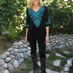 Plus Size, Tunic Plus, Black Tunic Top, Plus Tunics, Tunics, Tunic Top, Turquoise Embroidery, S M L XL 2X 3X, Bell Sleeve image 2