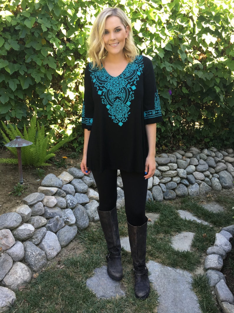 Plus Size, Tunic Plus, Black Tunic Top, Plus Tunics, Tunics, Tunic Top, Turquoise Embroidery, S M L XL 2X 3X, Bell Sleeve image 2