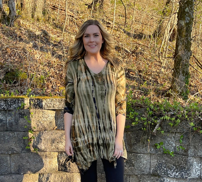 Tunic Top, Tie Dye Tunic, Tunic Top, Womens Top, Tie Dye, Olive Beige Tone with Black, Olive Fall Colors Tunic, S M L XL 2X 3X, V Neck image 1